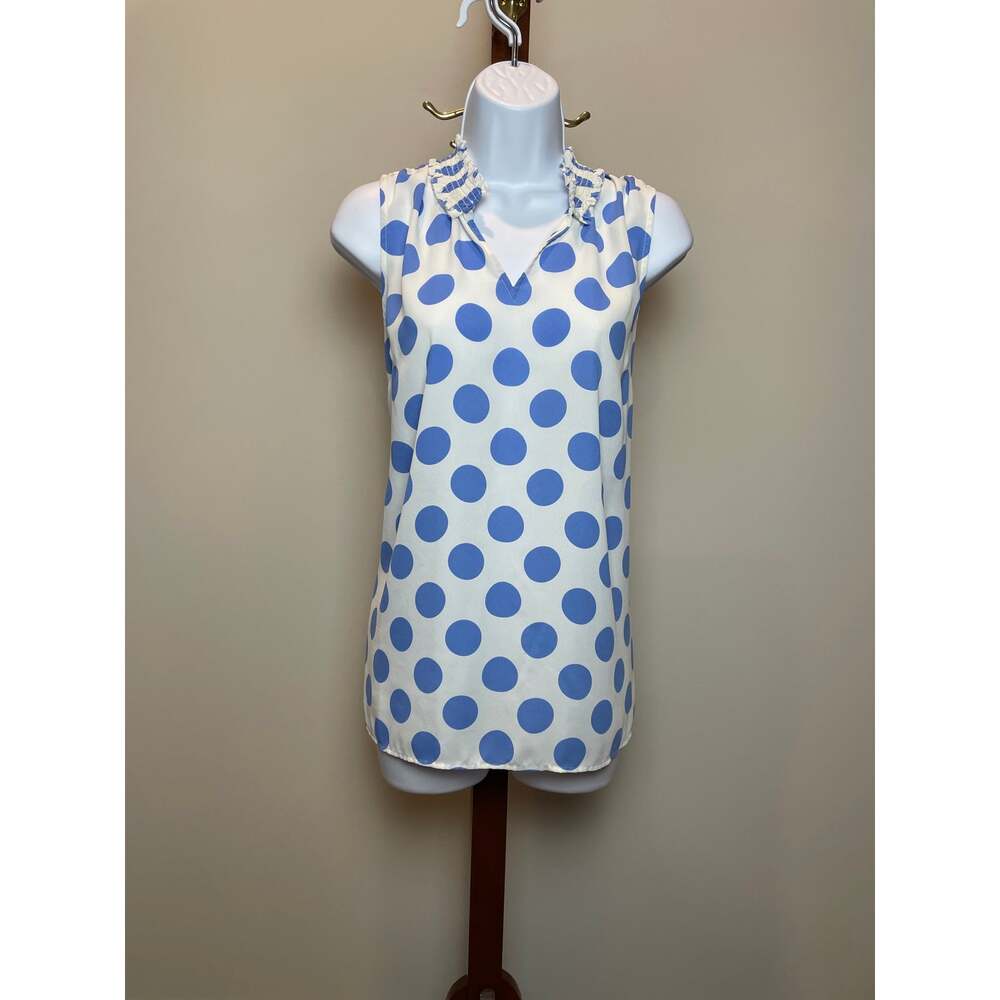 Talbots Sleeveless Blouse Size L White Blue Polka Dot